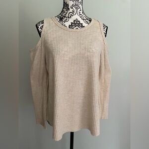 Lovemarks Women's Cold Shoulder Top Beige Waffle Knit Shirt Raw Edges Size Small